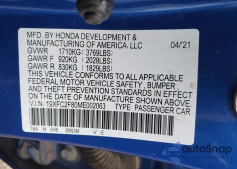 2021 Honda Civic Sport from USA, damaged, VIN 19XFC2F80ME002063